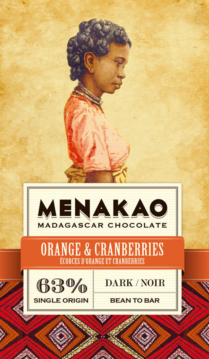 Menakao Dark Chocolate 63% Orange & Cranberry, 75g