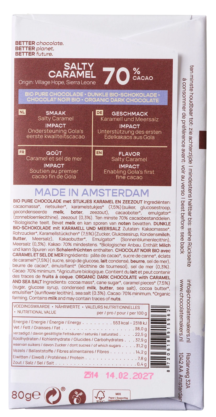 Chocolate Makers Sierra Leone 70% Salty Caramel, 80g