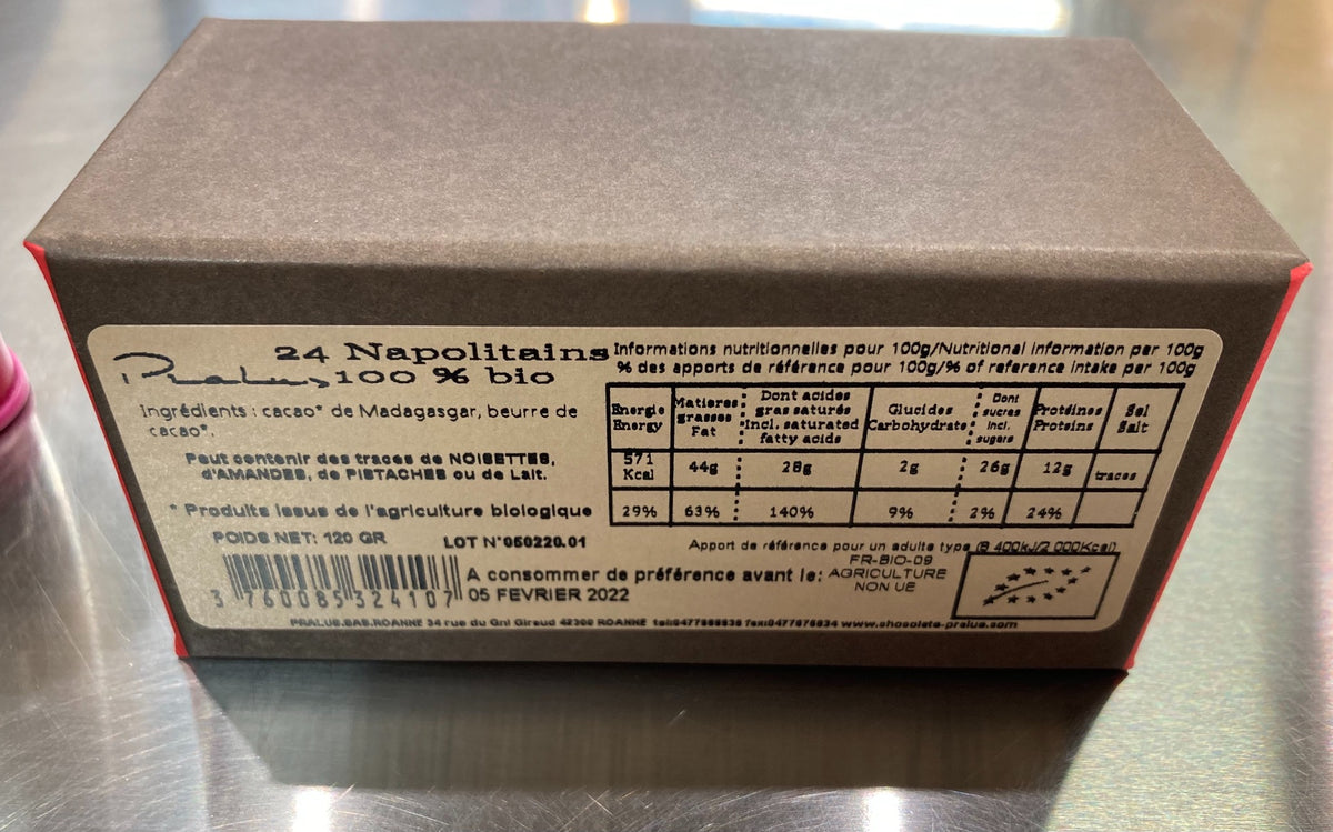 Pralus 100% Bio Napolitains, Organic 100% Madagascar chocolate squares, 120g (24x5g)