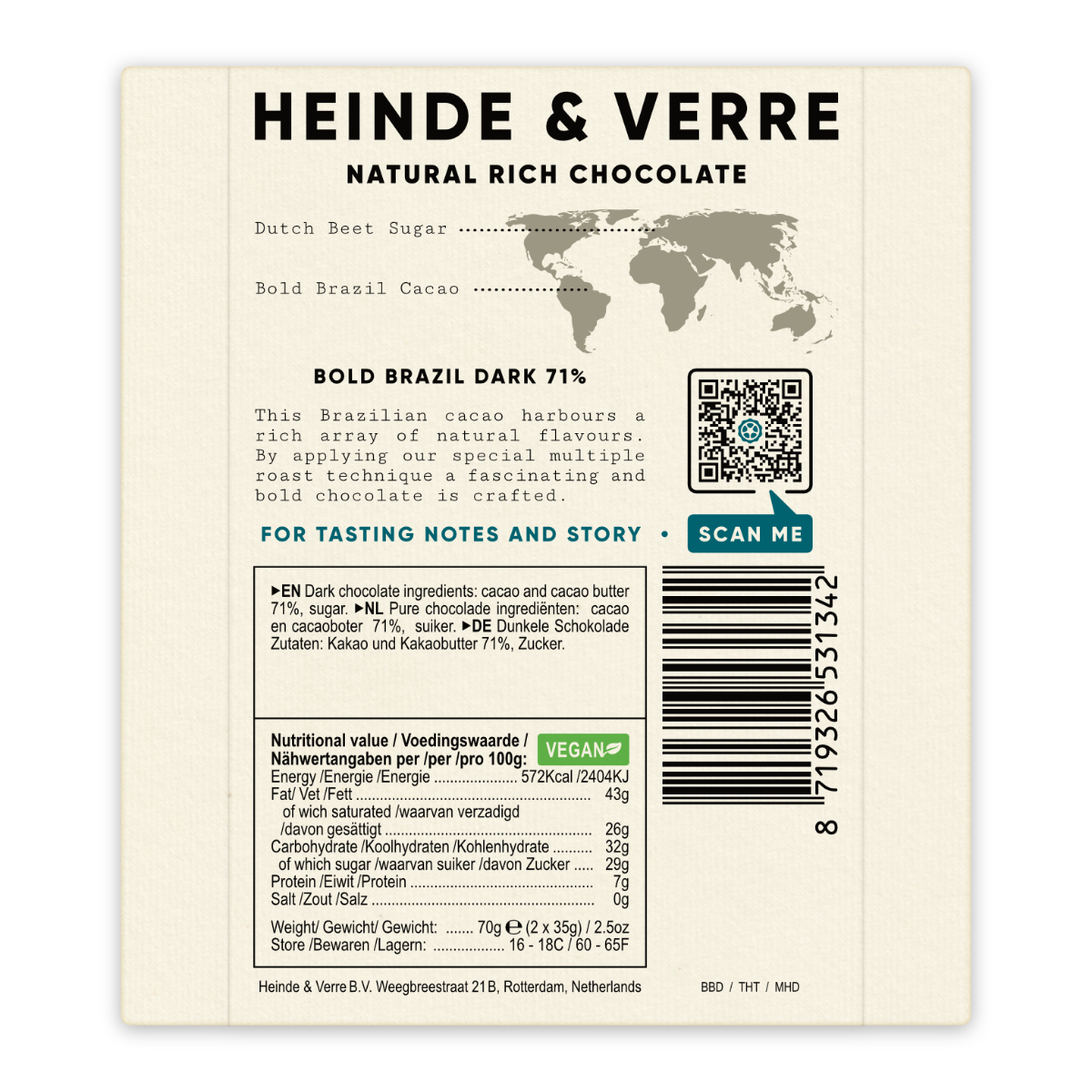 Heinde & Verre Bold Brazil, 71% Dark Chocolate, 70g