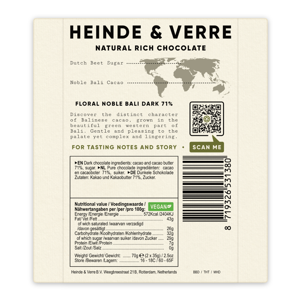 Heinde & Verre Floral Noble Bali, 71% Dark Chocolate, 70g