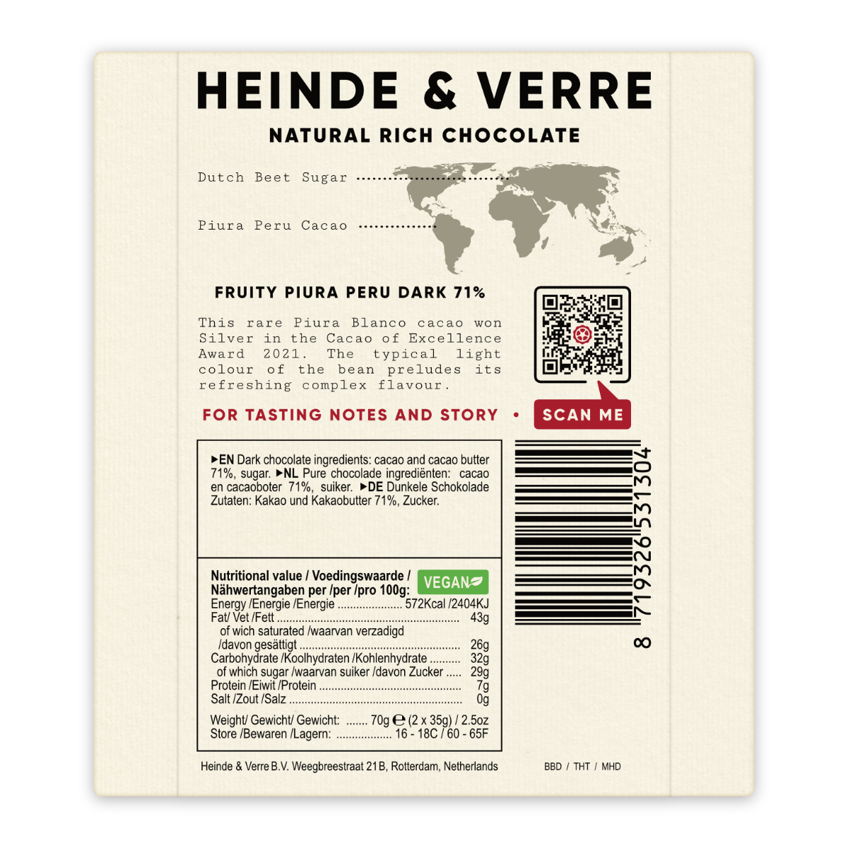 Heinde & Verre Fruity Piura Peru, 71% Dark Chocolate, 70g
