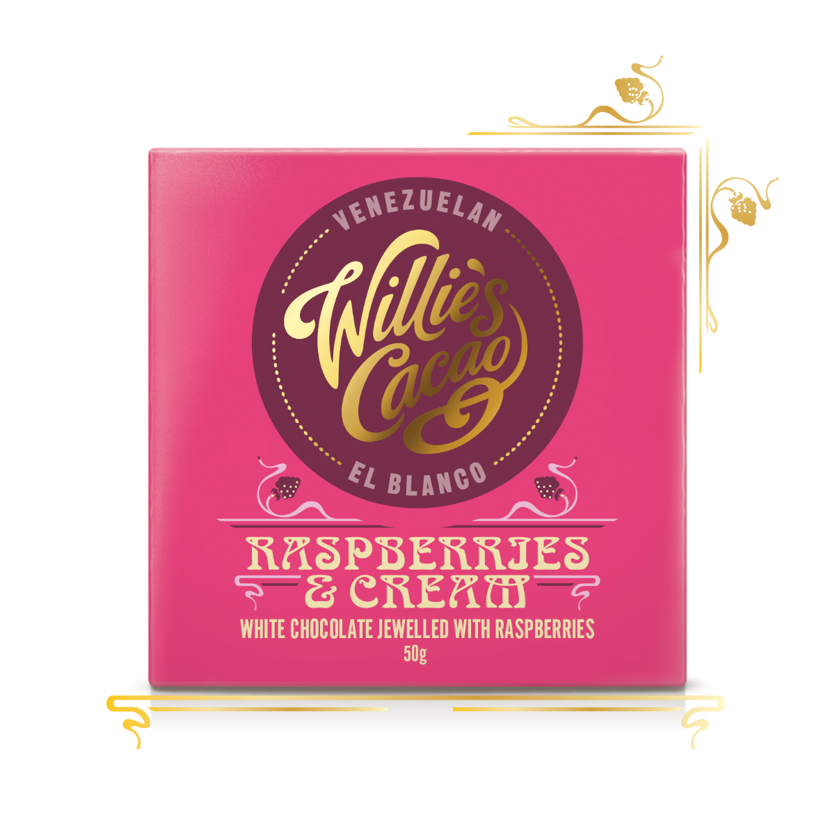 Willie's Cacao Raspberries & Cream, 36% White Chocolate with Raspberries, 50g