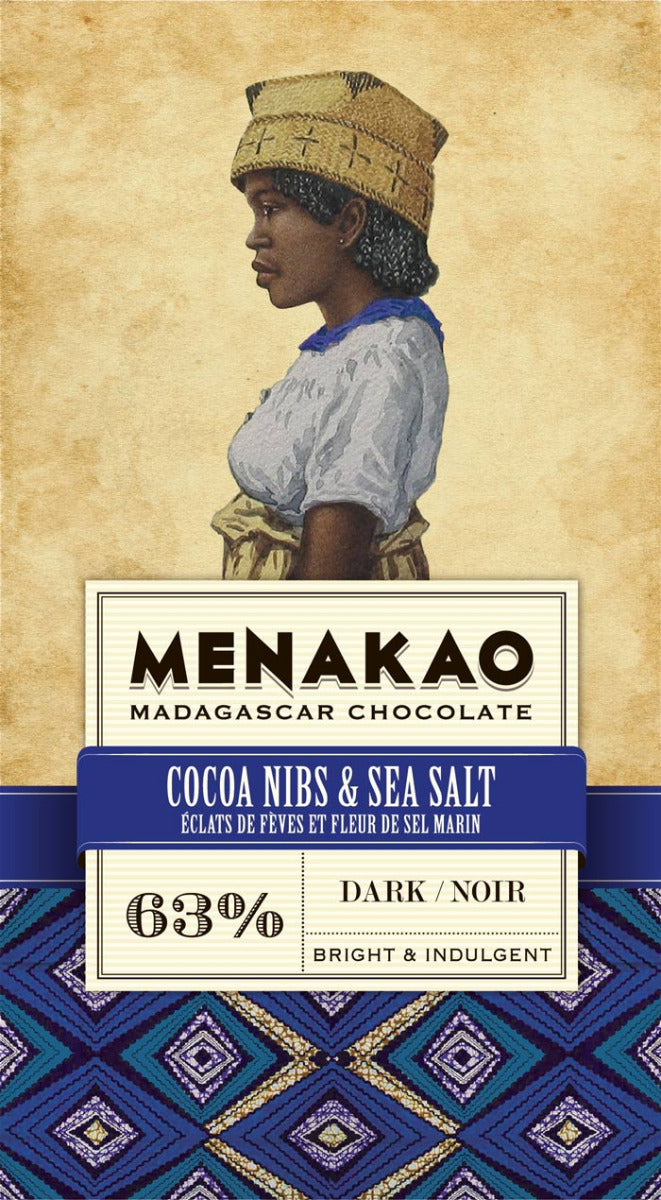 Menakao Dark Chocolate 63% Cocoa Nibs & Seasalt, 75g