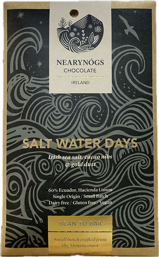 NearyNógs Salt water days - 60% Dark Chocolate with Irish Sea Salt, Cocoa Nibs and Gold Dust, 60g