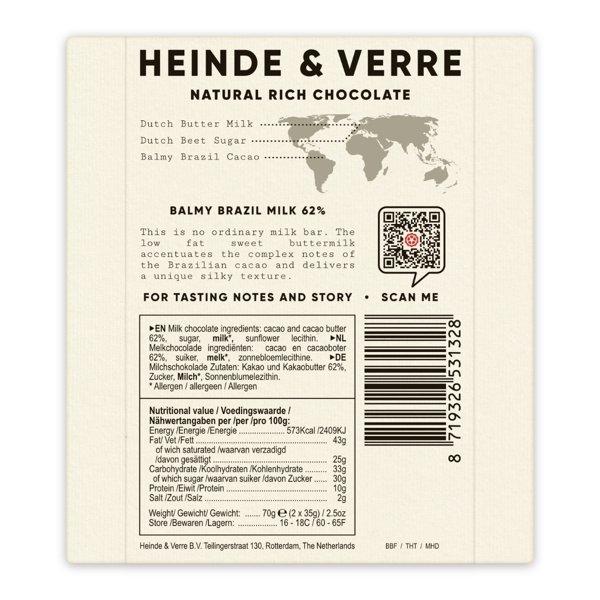 Heinde & Verre Balmy Brazil, 62% Dark Milk Chocolate, 70g