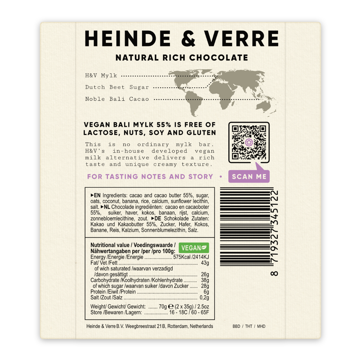 Heinde & Verre Vegan Noble Bali, 55% Vegan Mylk Chocolate, 70g