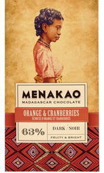 Menakao Dark Chocolate 63% Orange & Cranberry, 75g
