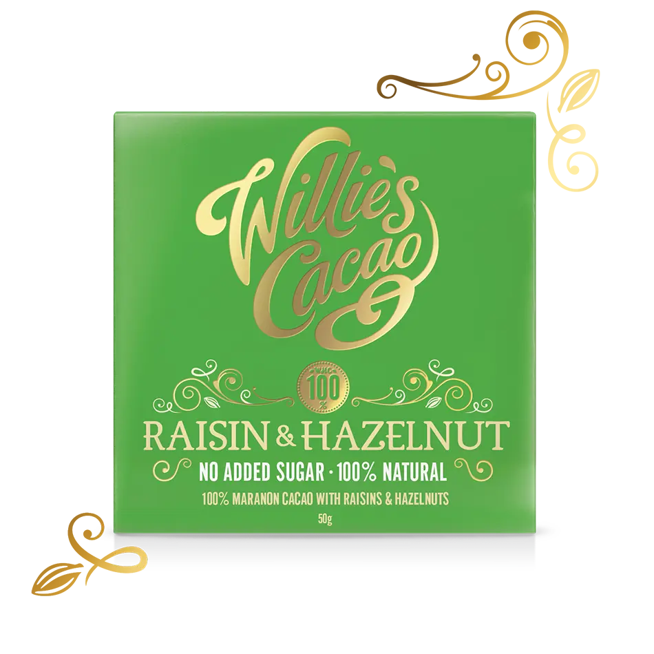 Willie's Cacao Raisin & Hazelnut, 100% cacao, 50g