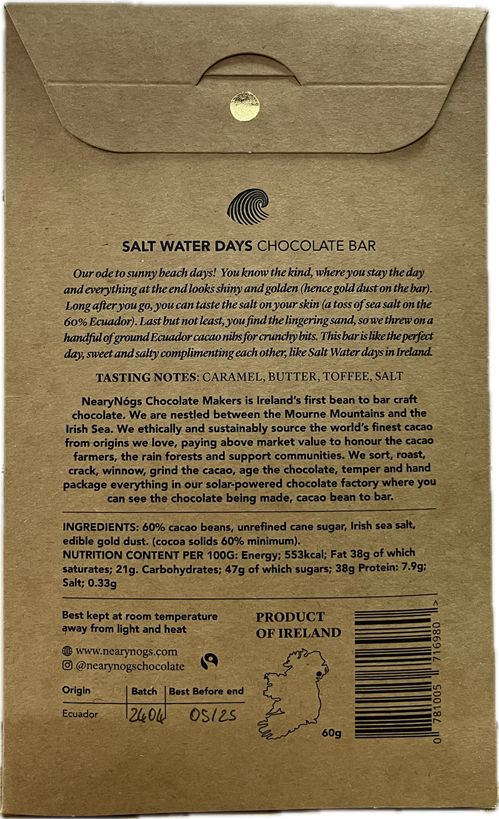 NearyNógs Salt water days - 60% Dark Chocolate with Irish Sea Salt, Cocoa Nibs and Gold Dust, 60g